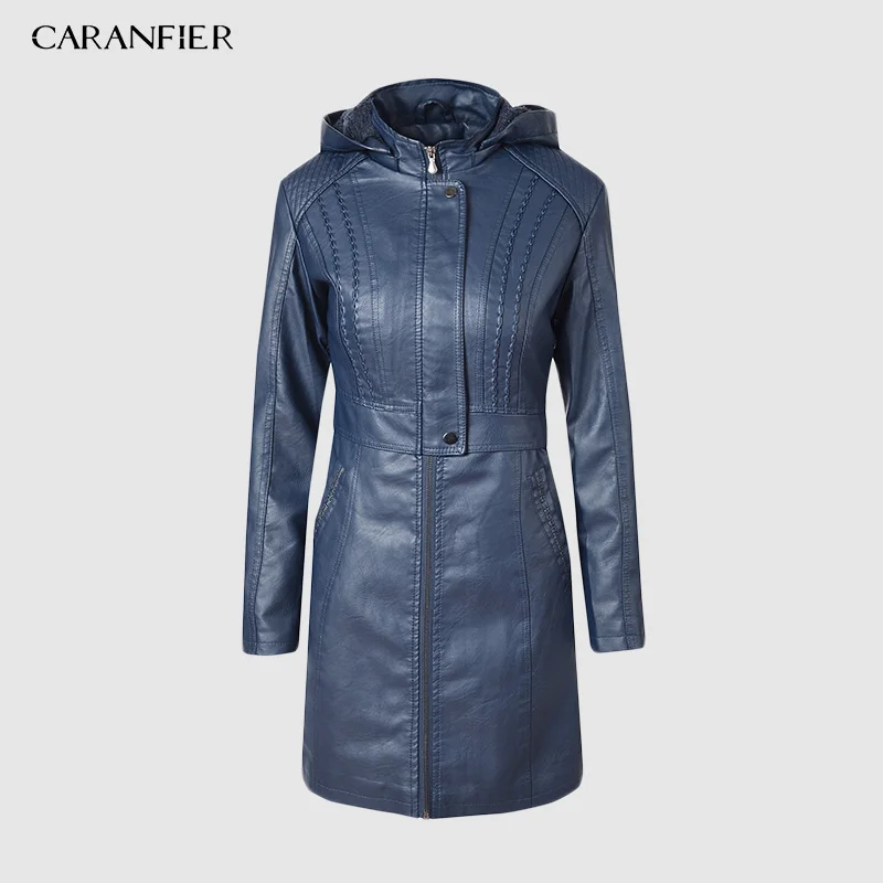 

CARANFIER 2019 Winter Women PU Leather Jacket Waterproof Hooded Trench Zipper Thick Velvet Fur Lined Leather Jackets Female