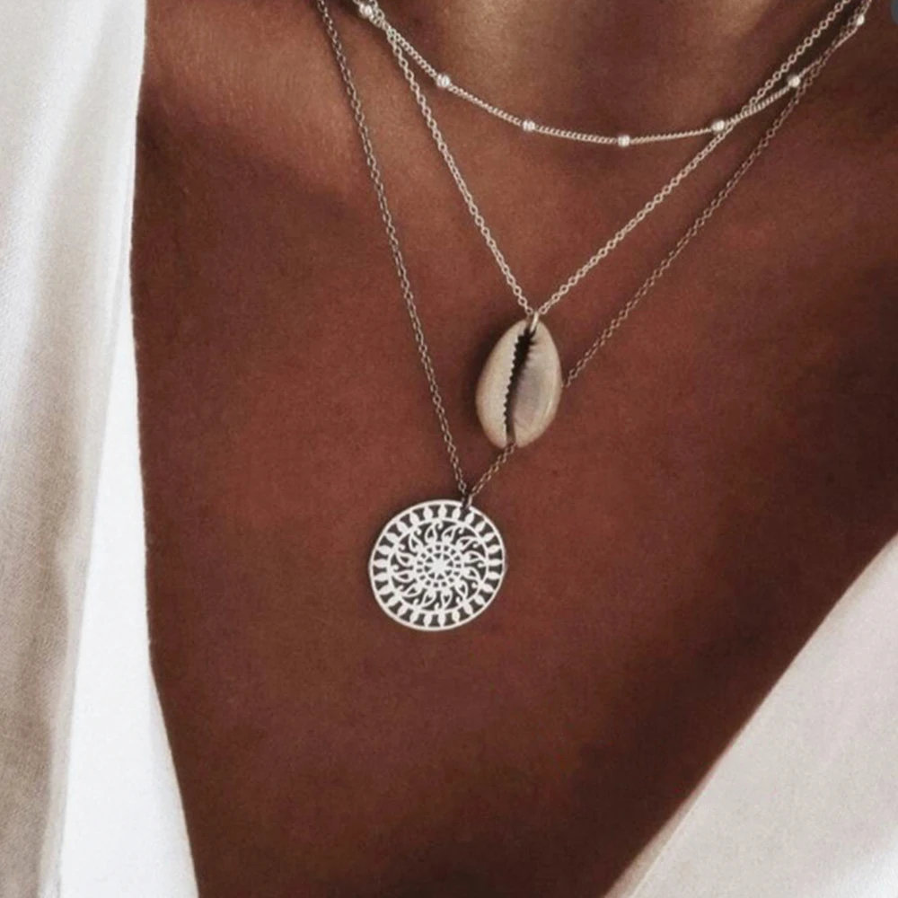 Женское многослойное ожерелье с подвеской в виде ракушки Boho длинное колье