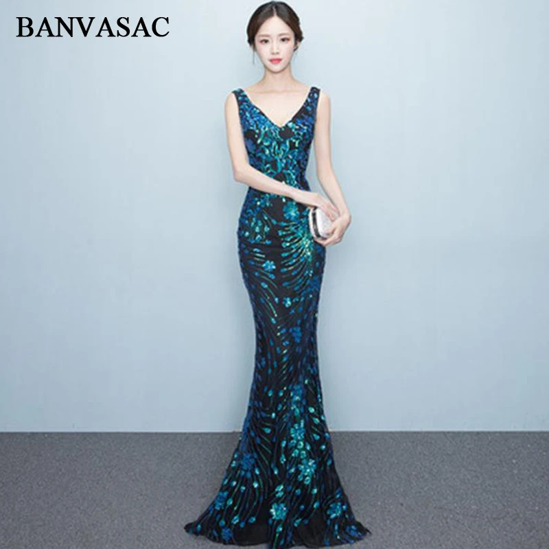 

BANVASAC 2018 Deep V Neck Sequined Mermaid Long Evening Dresses Elegant Party Sleeveless Zipper Back Prom Gowns