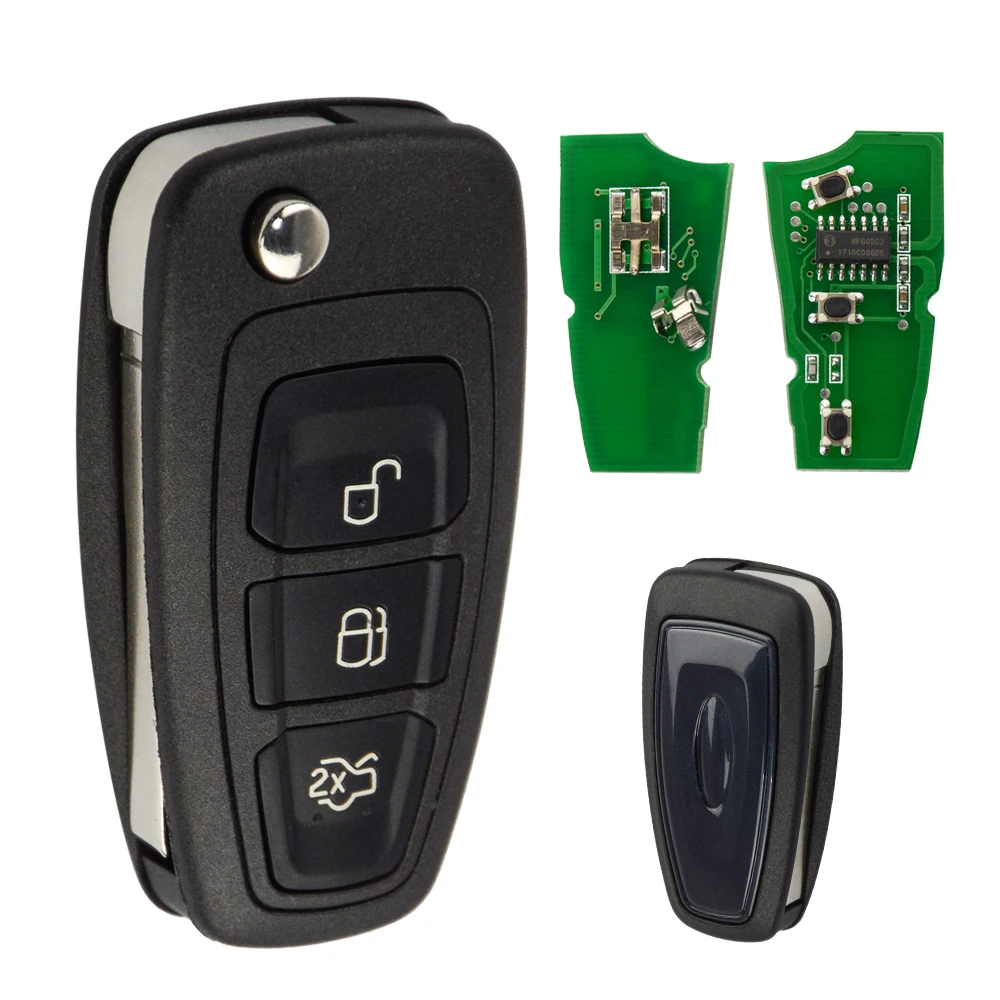 OKEYTECH FOR FORD FOR FOCUS C-MAX FIESTA MONDEO TRANSIT 3 BUTTON CAR REMOTE KEY FLIP FOLDING 433MHZ 4D63 CHIP UNCUT HU101 BLADE