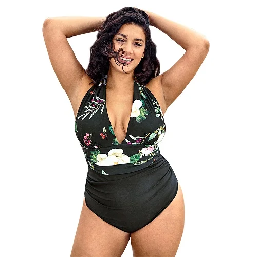 multi-color CUPSHE размера плюс цветочный лист печати v-образным вырезом Цельный купальник женский сексуальный Холтер Монокини купальные костюмы девушка пляж купальники - Цвет: multi-color