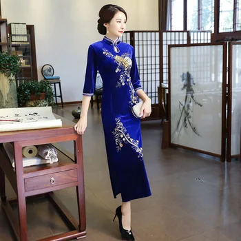

Blue Beautiful Mom Chinese Oriental Dress Velvet Qi Pao Long Cheongsam Woman Flower Embroidery Qipao Evening Gown China