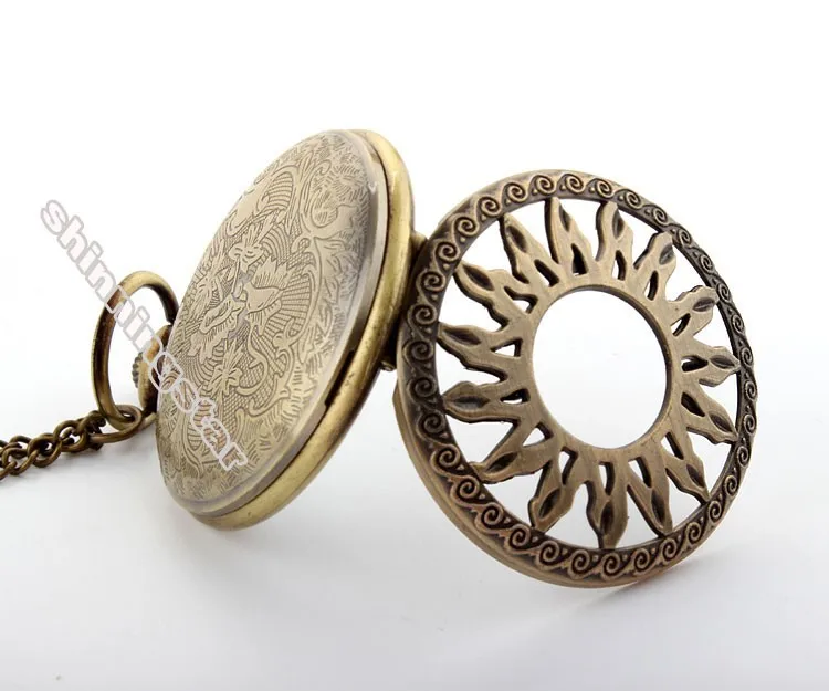 Ретро Античная бронза карманные часы мужские полые подсолнухи кварцевые карманные флип Fob часы ожерелье подвеска цепь Relogio De Bolso