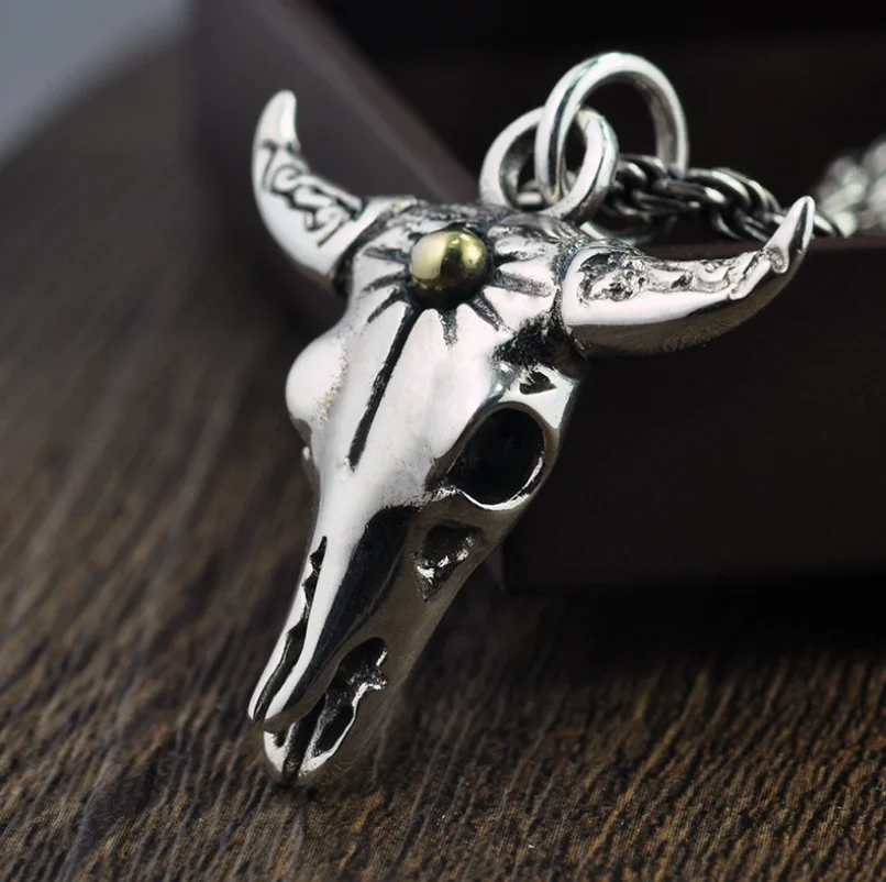 

925 Sterling Silver Exaggerated Ngau Tau Pendant For Men Vintage Personality Unique Animal Jewelry(HY)