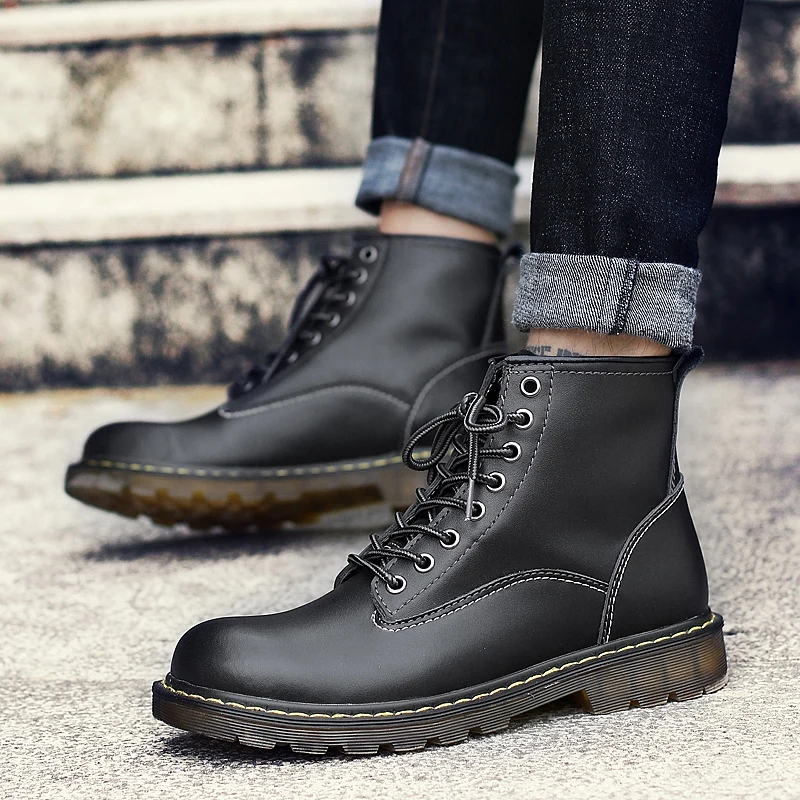 

OSCO Mens Winter Martin Boots Round Toe Lace-up Ankle Boots Leather Combat Booties Fashion Non-slip boots M
