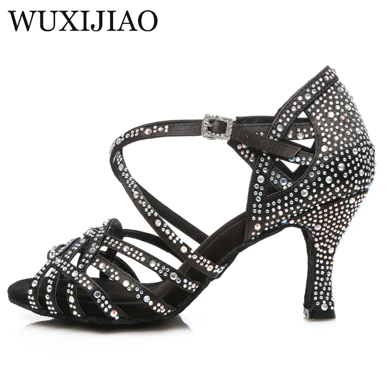 WUXIJIAO Women Salsa party Ballroom shoes Latin dance shoes big small rhinestone shining sandals skin satin Cuba heel 9cm