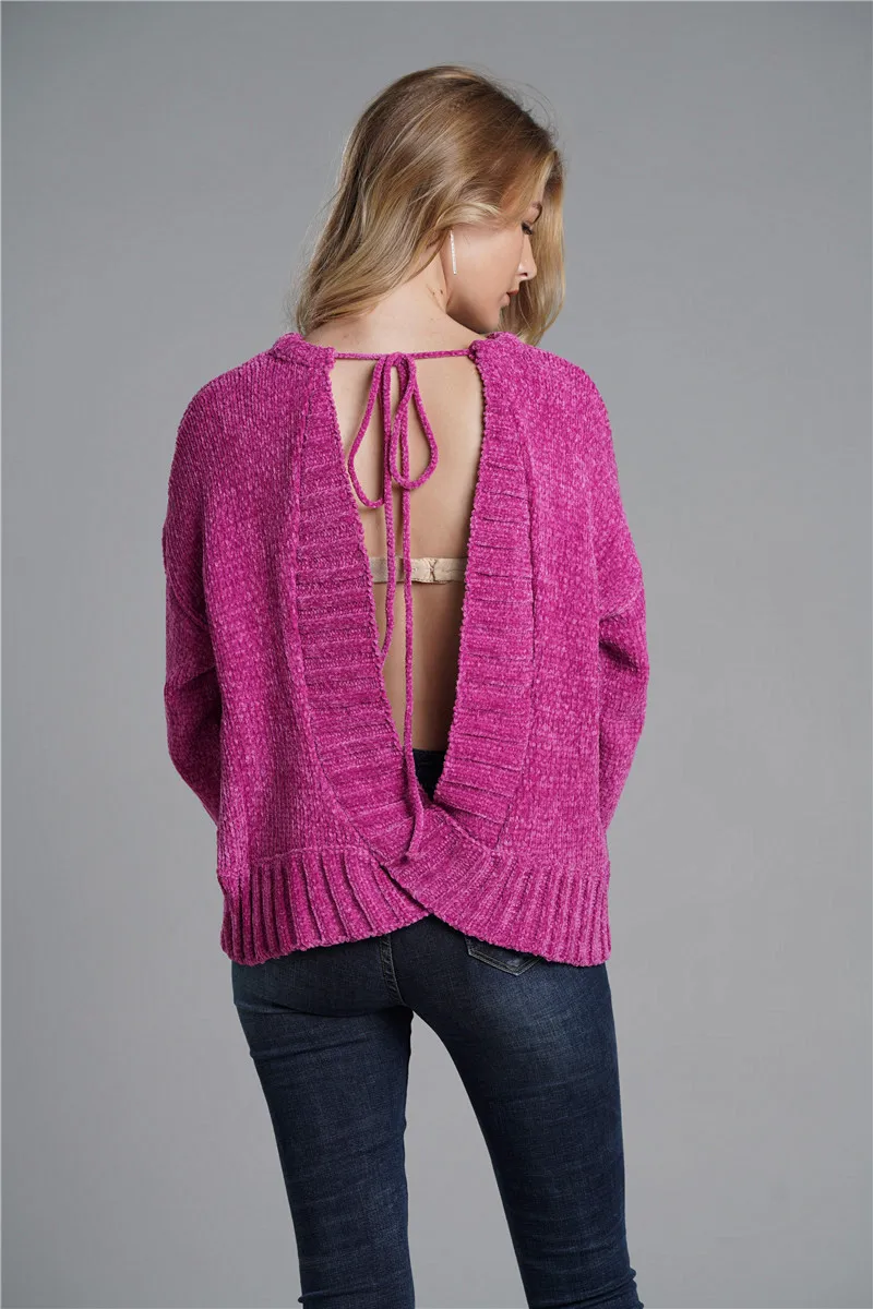 Высокое качество, модный женский свитер, сексуальный, Осень-зима, открытая спина, крест, вязанные свитера, мягкий, теплый, пуловер, женский, свободный, Одноцветный