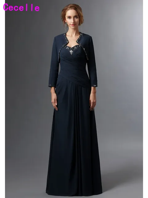 Dark Navy Chiffon Long Mother Of The Bride Dress With Jackets Dark Navy Chiffon Long Mother Of The Bride Dress With Jackets Sweetheart Pleated Beaded Elegant S