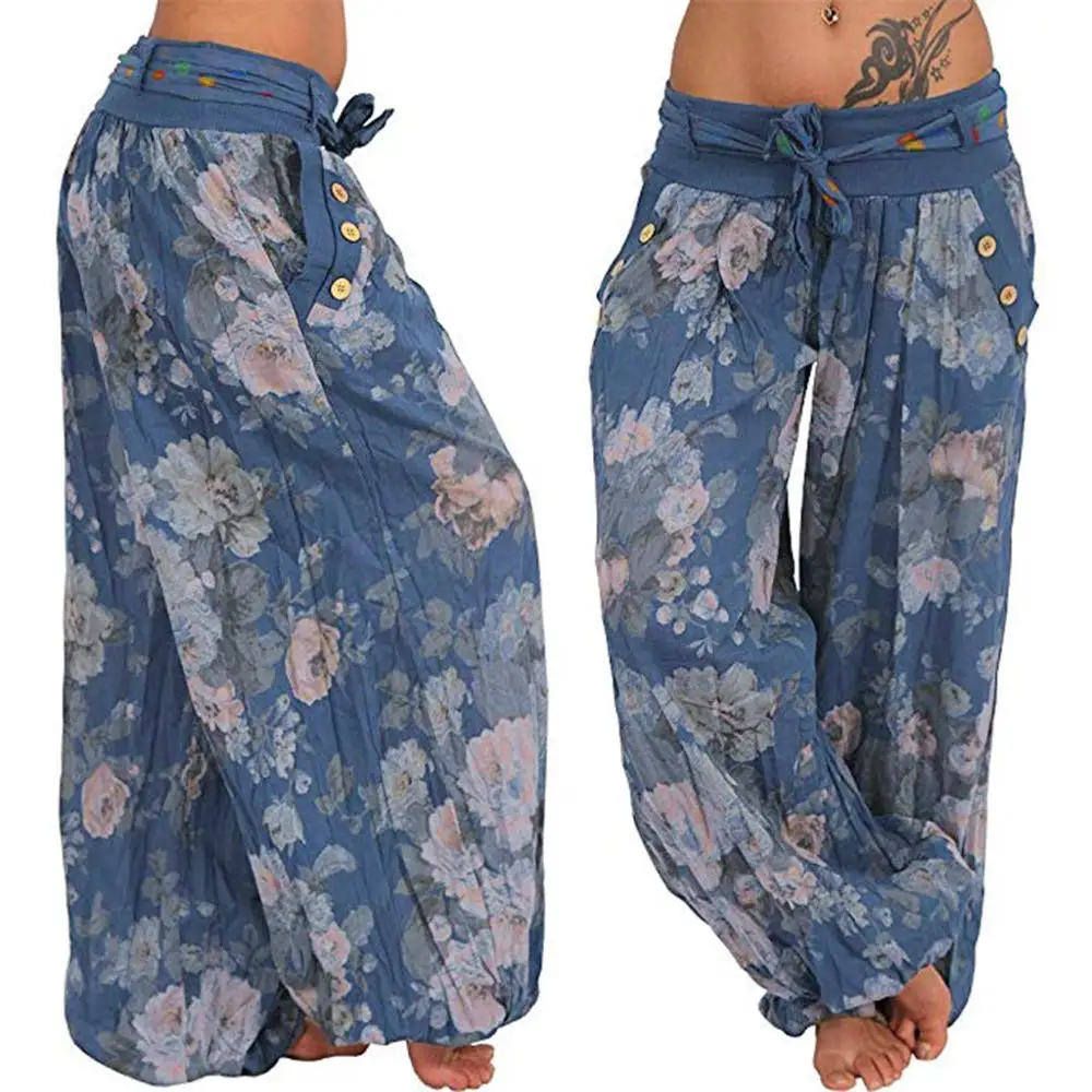

Womail 2019 Summer Women Ladies Printed Band Width Loose Leg Pants Women Casual Mid waist pantalon large femme plus size PF3M