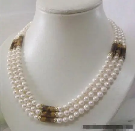 

Hot sale new Style >>>>>3 Rows Real White Pearl Tigereye Opal 18KGP Crystal Necklace