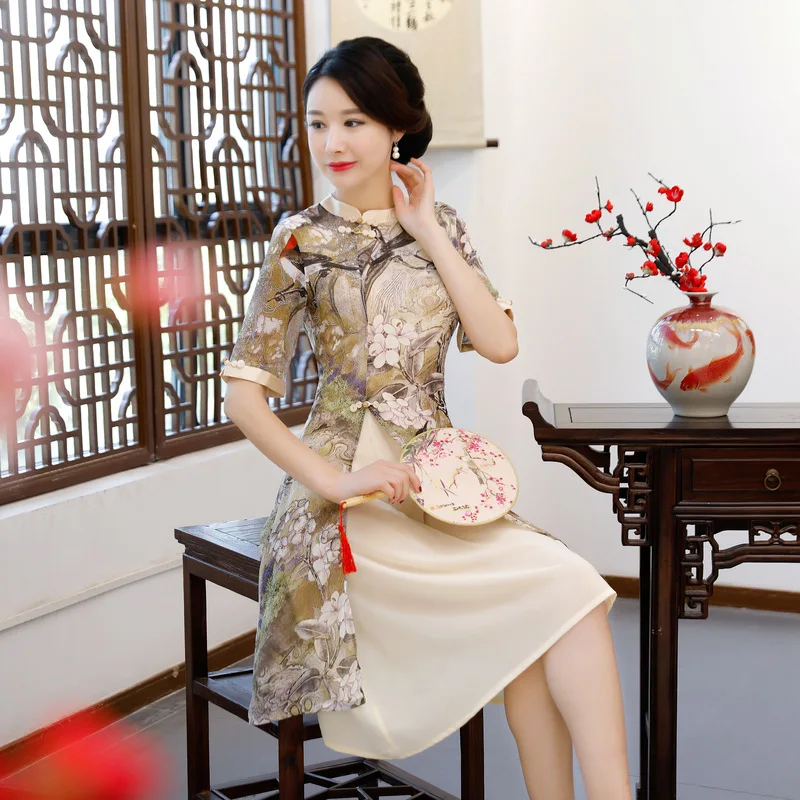 

New Rayon Traditional Chinese Women Simple Dress Vintage Lady Floral Vietnam Aodai Qipao Summer Sexy Short Cheongsam