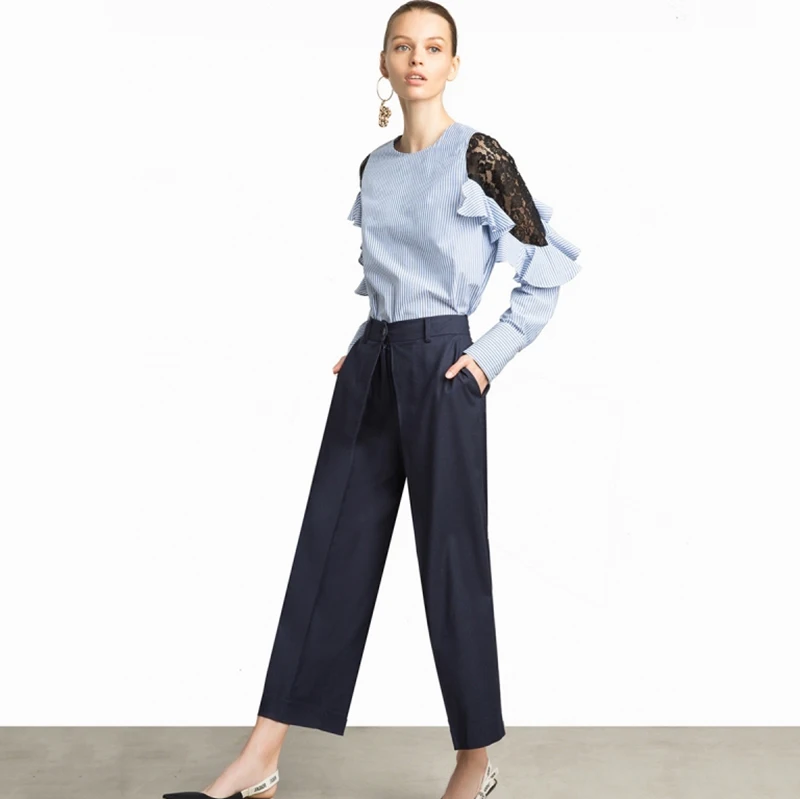HDY Haoduoyi женские темно-синие широкие брюки с высокой талией, женские офисные повседневные укороченные брюки, модные длинные брюки с карманами