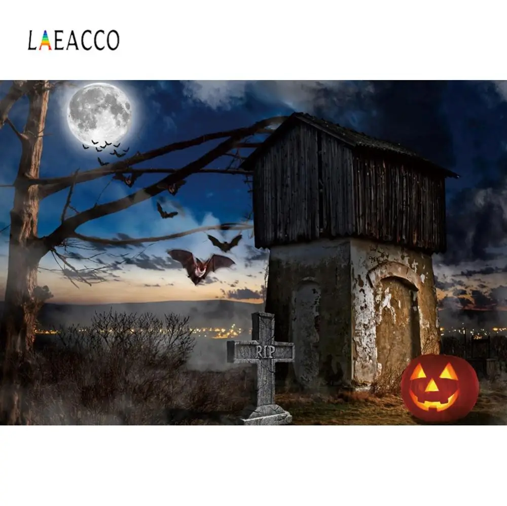 

Laeacco Halloween Moon Tree Tomb Pumpkin Lamp Bat Photography Backgrounds Customized Photographic Backdrops For Photo Studio