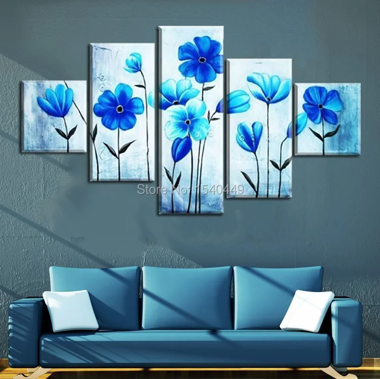 5 Panel wall art Cheap Hand Painted Paintings Blue Flower Pictures On