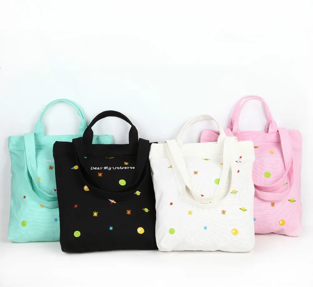 Supermarket shopping bags cotton canvas embroidery foldable reusable grocery shopping bags wholesale Life travel necessities