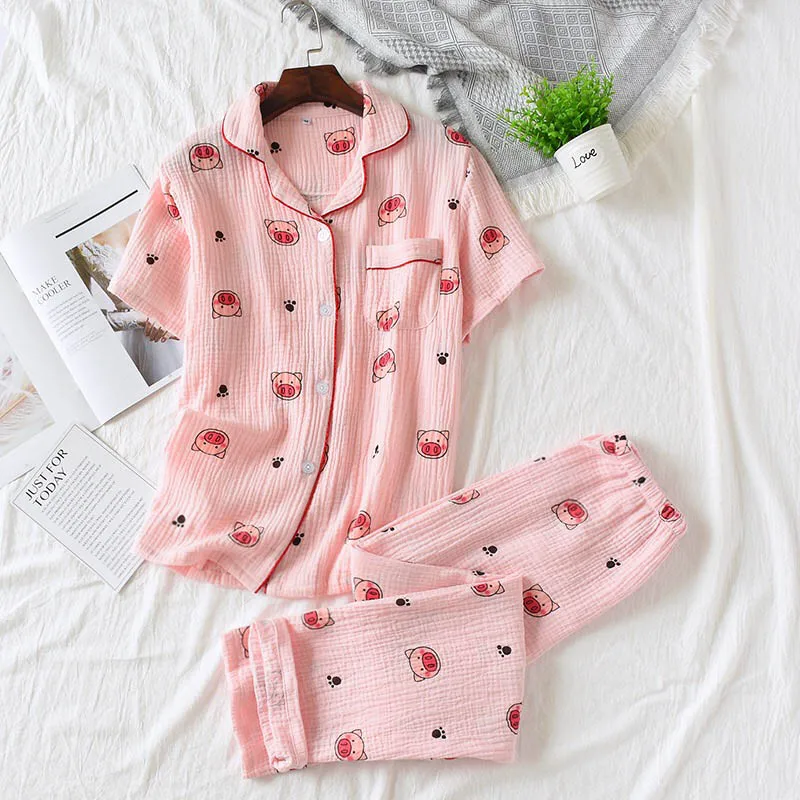 Женский пижамный комплект, Весенняя Пижама с коротким рукавом+ штаны, отложной воротник, хлопковая повседневная одежда с рисунком поросенка, домашняя одежда большого размера