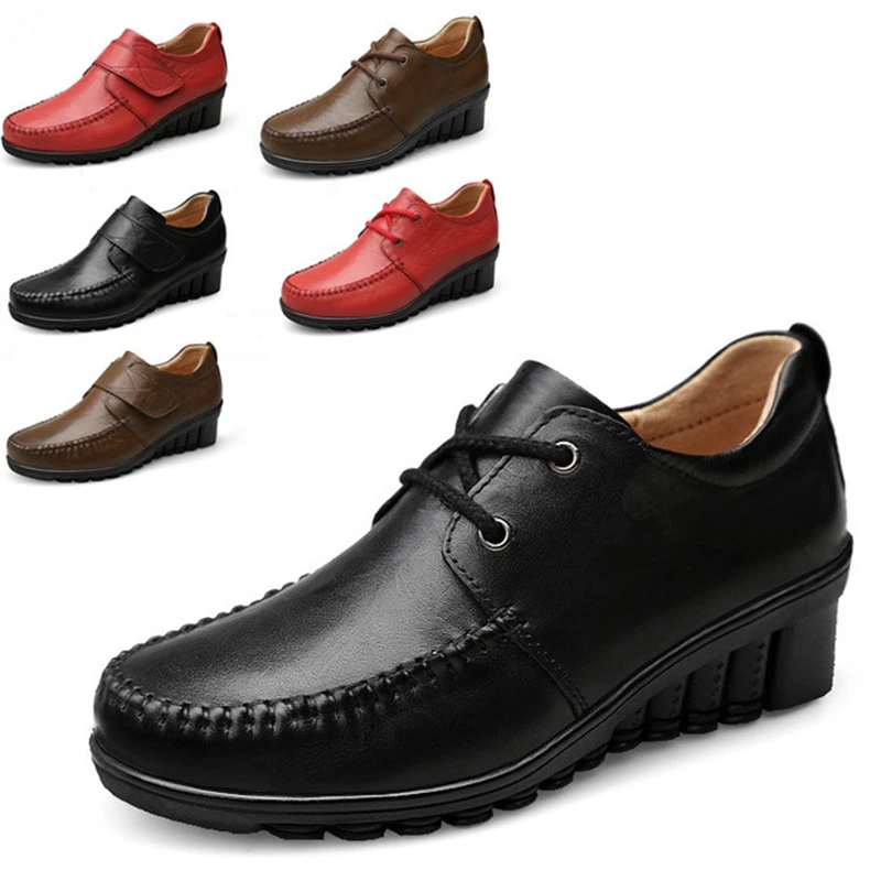 

Women Flat Genuine Leather Shoes Mother Shoes Spring Autumn Soft Casual Black Red Khaki Round Toe Comfortable