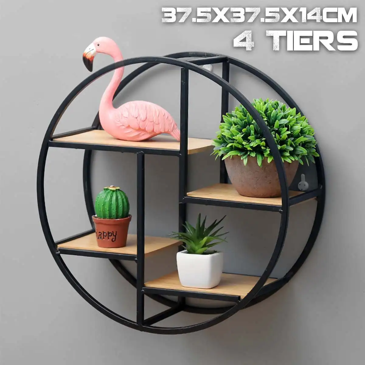 

4 Tiers Retro Round Wood Iron Craft Wall Book Shelf Rack Storage Industrial Style Holder