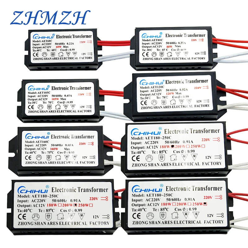 Chihui elektronický transformátor 60W 80W 105W 120W 160W 180W 200W 250 W AC220V až 12 V pro halogenové žárovky a křišťálové lampy G4 Light Beads