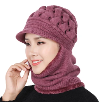 

Female Knitted Rabbit Fur Hat Plus Velvet Scarf Cap Set Winter Mask Hats For Women Skullies Beanies Warm Fleece Cap Neck Warmer