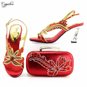 

Luxury red wedding/party high heel sandal shoes and evening bag set with nice stones for lady 7437 heel height 8cm