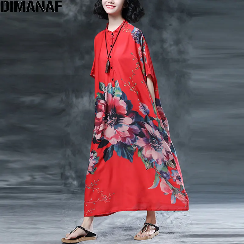 DIMANAF женское платье, летнее, размера плюс, летучая мышь, шифон, цветочный принт, женское, Ретро стиль, Vestido, свободное, больше размера, N, длинное платье, 5XL - Цвет: 5985
