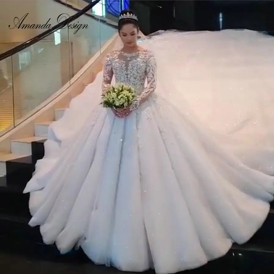 

Amanda Design Custom Made Long Sleeve Lace Applique Crystal Illusion Long Train Luxury Wedding Dress