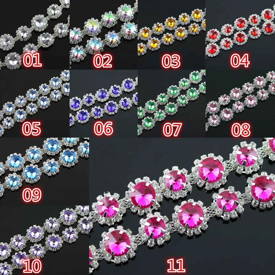 

Fashion 10cm, 10mm&12mm Colorful Round resin + Clear glass Crystal rhinestone chain sew Silver chain trim Wedding Applique DIY