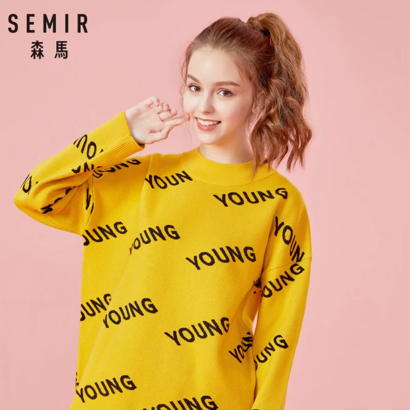 

SEMIR Women Long Pattern Mock-Turtleneck Sweater Fine Knit Ribbing at Neckline Cuff and Hem in Casual Style for Winter