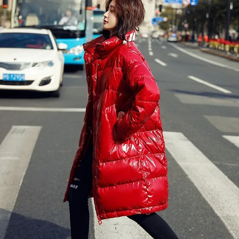 Зимняя куртка, высококачественный Женский пуховик, Длинное свободное теплое пальто большого размера, модная верхняя одежда красного и черного цвета для женщин LZ027
