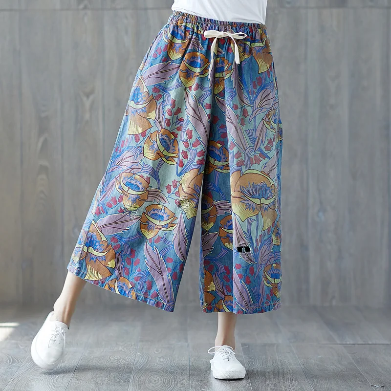 

Capri Pants Women Plus Size Print 2018 Spring Summer Trousers for Women Loose Hip Hop Wide Leg Pants Jeans Woman Elastic Waist