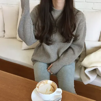 

2 colors 2018 autumn and winter korean chic style solid color loose womens sweaters and pullovers womens (C8507)