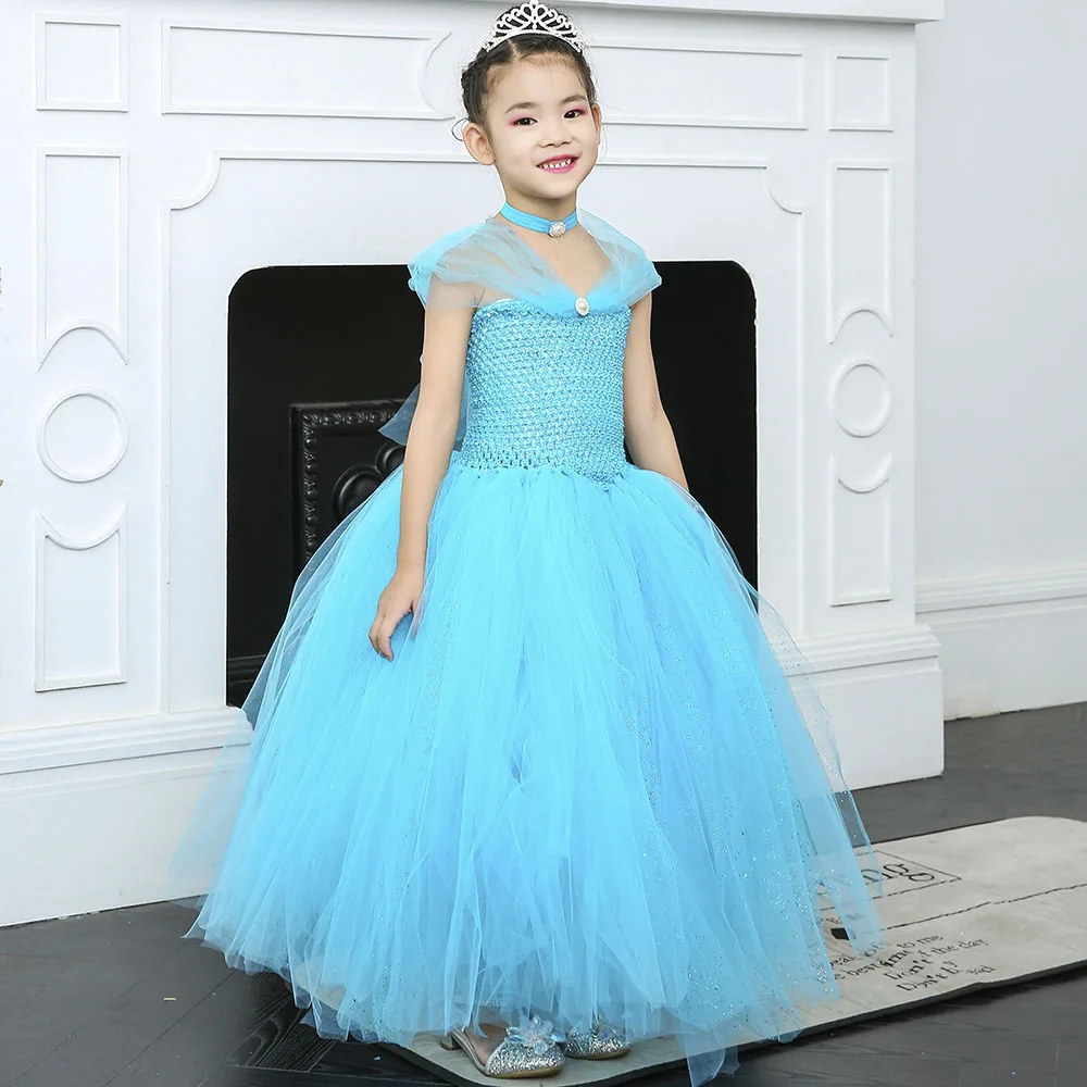 Sparkle Tulle Tutu Princess Cinderella Blue Dress Elegant Sleeveless Froze Elsa Cosplay Birthday Dress Vestido Baby Kids Clothes (5)
