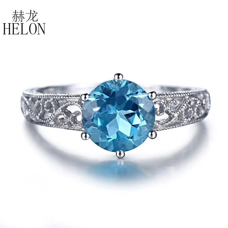 

HELON Filgree Solid 14k (585) White Gold Flawless Blue Topaz 8mm Round Art Deco Vintage Fine Jewelry Engagement Wedding Ring
