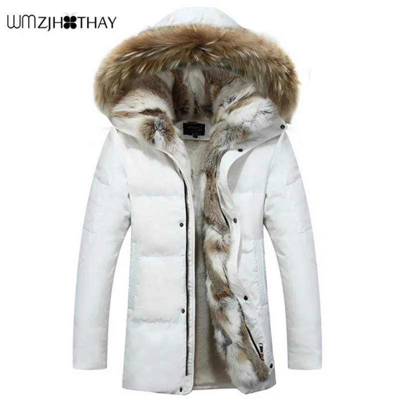

Winter Coat Women Men Big Rabbit Fur Collar Hooded Parkas Duck Jacket Warm Wool Overcoat 2019 Long Outwear Plus Size S-5XL