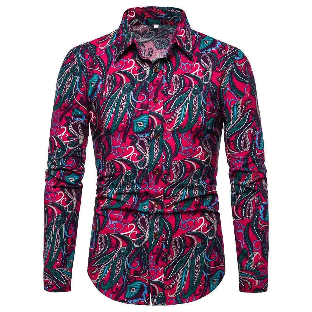 

Flower Pattern Slim Long-sleeved Shirt Men's Cotton Linen Long-sleeved Shirt for Men Floral Blouse Men New