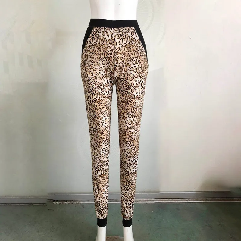 

[aosheng] New Autumn Winter 2018 Fashion Big Leopard Printed High Waist Splice Pockets Knitted Elastic Jogger Pants Women Y041
