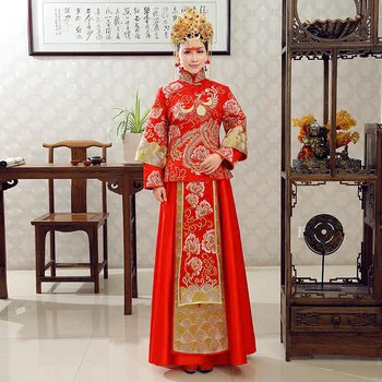 

Chinese Ancient Qipao Phoenix Asian Bride Wedding Dress Gown Female SuZhou Embroidery Cheongsam Red Toast Clothing Marriage Gift