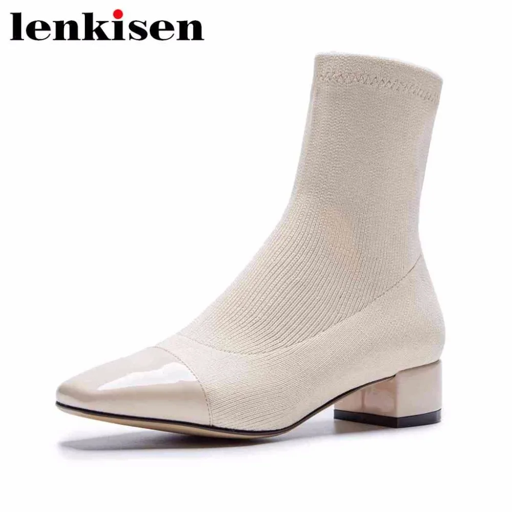 Automne Patchwork Femmes Tricoter Sur Gracieuse Lady Cheville Vente Slip Toe Épais 2018 Chaude Lenkisen Printemps Med Carré L02 Noir marron Talons À Bottes apricot 2eW9IEDHY