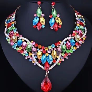 

Luxury Color Crystal Glass Water Drop Necklace Earrings set Elegant Women Wedding Jewelry Set