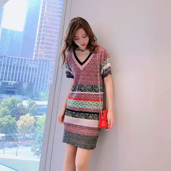 

Mini Dress Sexy Celebrity Striped Short Vintage Women Elegant V Neck Knitted Night Club BandageBody con Dresses Wholesale