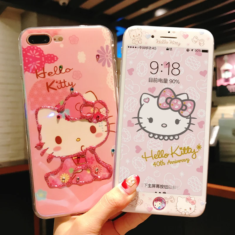 Glitter Hello Kitty cover For iPhone 7/8 plus case & tempered glass film for 6 6s bling cartoon shell screen protector + sticker