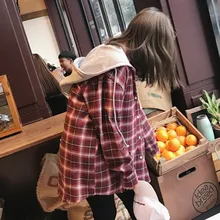 Осенняя одежда Толстовка Harajuku колледж Стиль средней и длинной секции решетки с капюшоном Свободная Женская рубашка