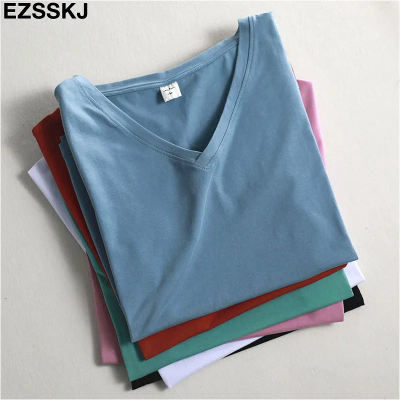 Шикарная Повседневная футболка из 95% хлопка с коротким рукавом, женская летняя Базовая футболка с v-образным вырезом размера плюс 3XL, женская футболка ярких цветов