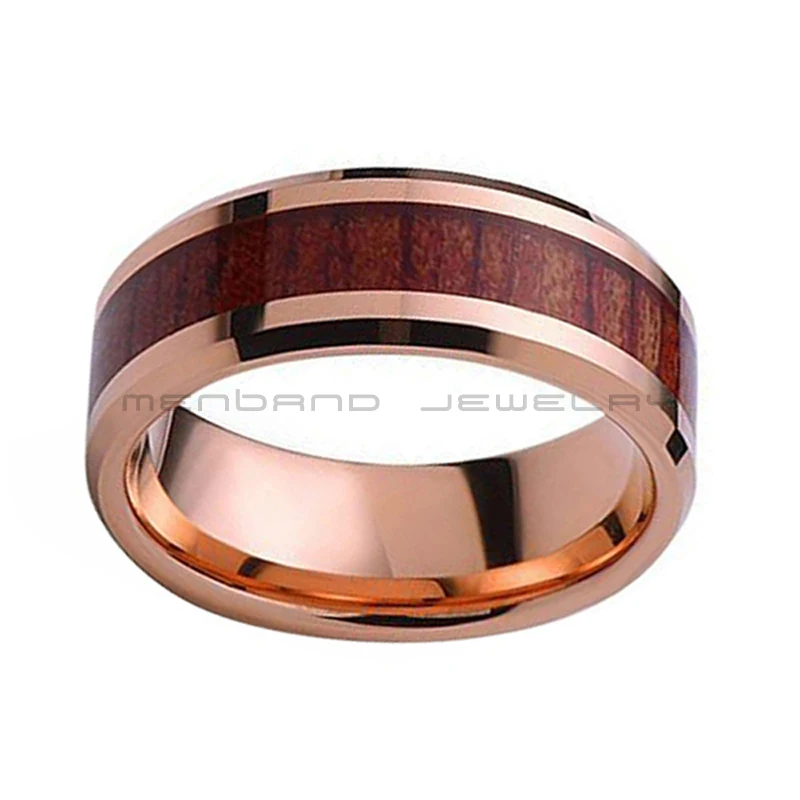 Розовое золото обручальное вольфрамовое кольцо 8 мм с инкрустация из розового дерева для мужчин и женщин