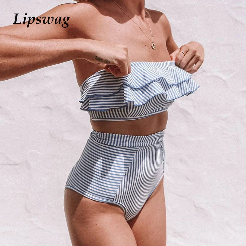 

Sexy Ruffles High Waist Bikini Swimwear Women Strapless Wrap bikini set Swimsuit blue striped Print Female Biquini Bathing suit