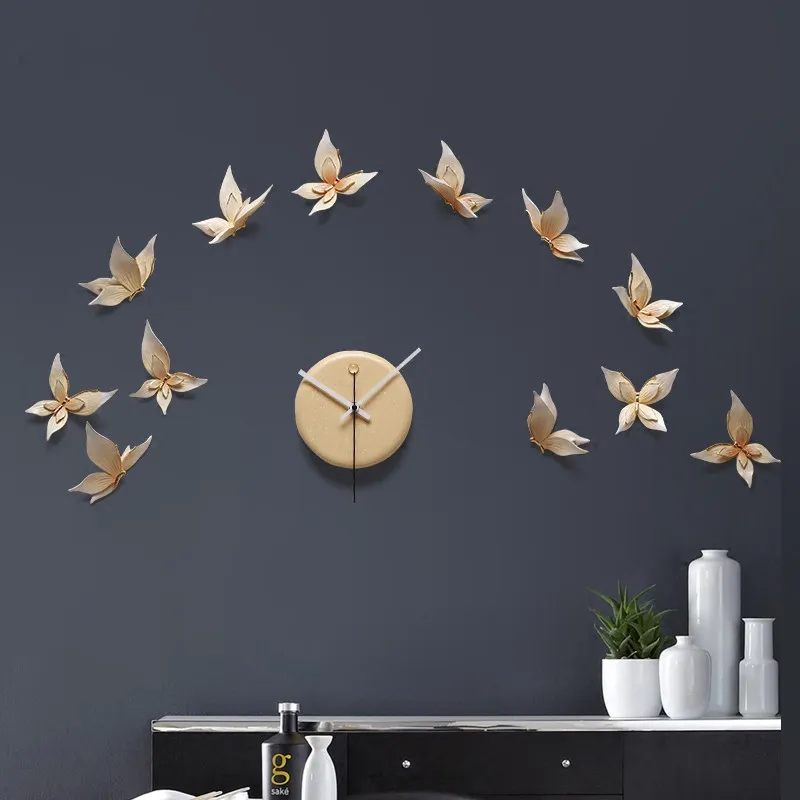 

European Resin Decorative Clock Wall Hanging Crafts Butterfly Wall Decoration Pendant Home Livingroom 3D Wall Sticker Ornaments