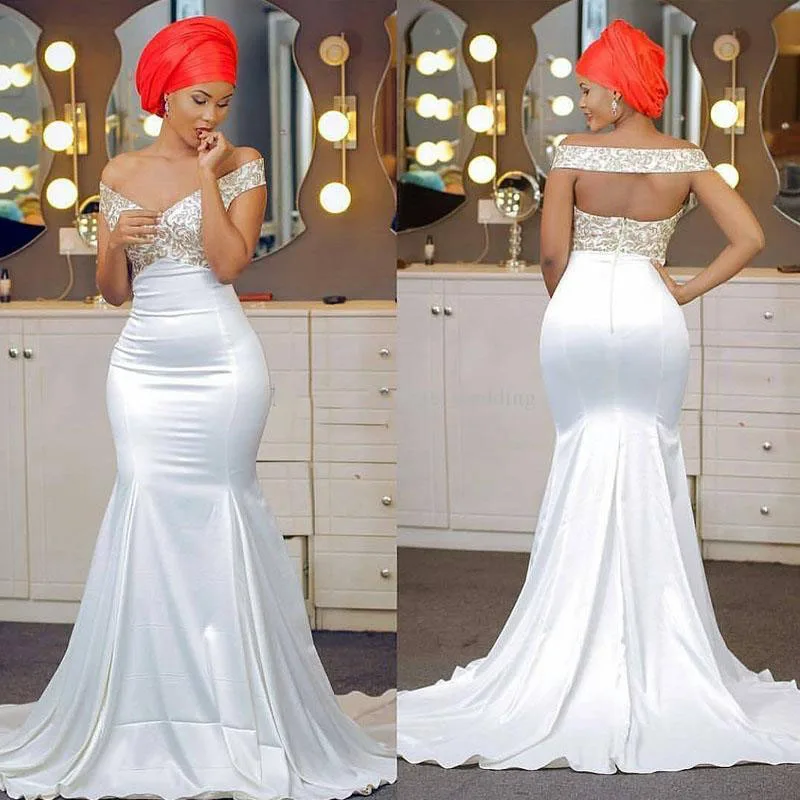 Off The Shoulder Mermaid Evening Dresses Appliques Lace Satin Backless Aso Ebi African Prom Dresses Sweep Train129