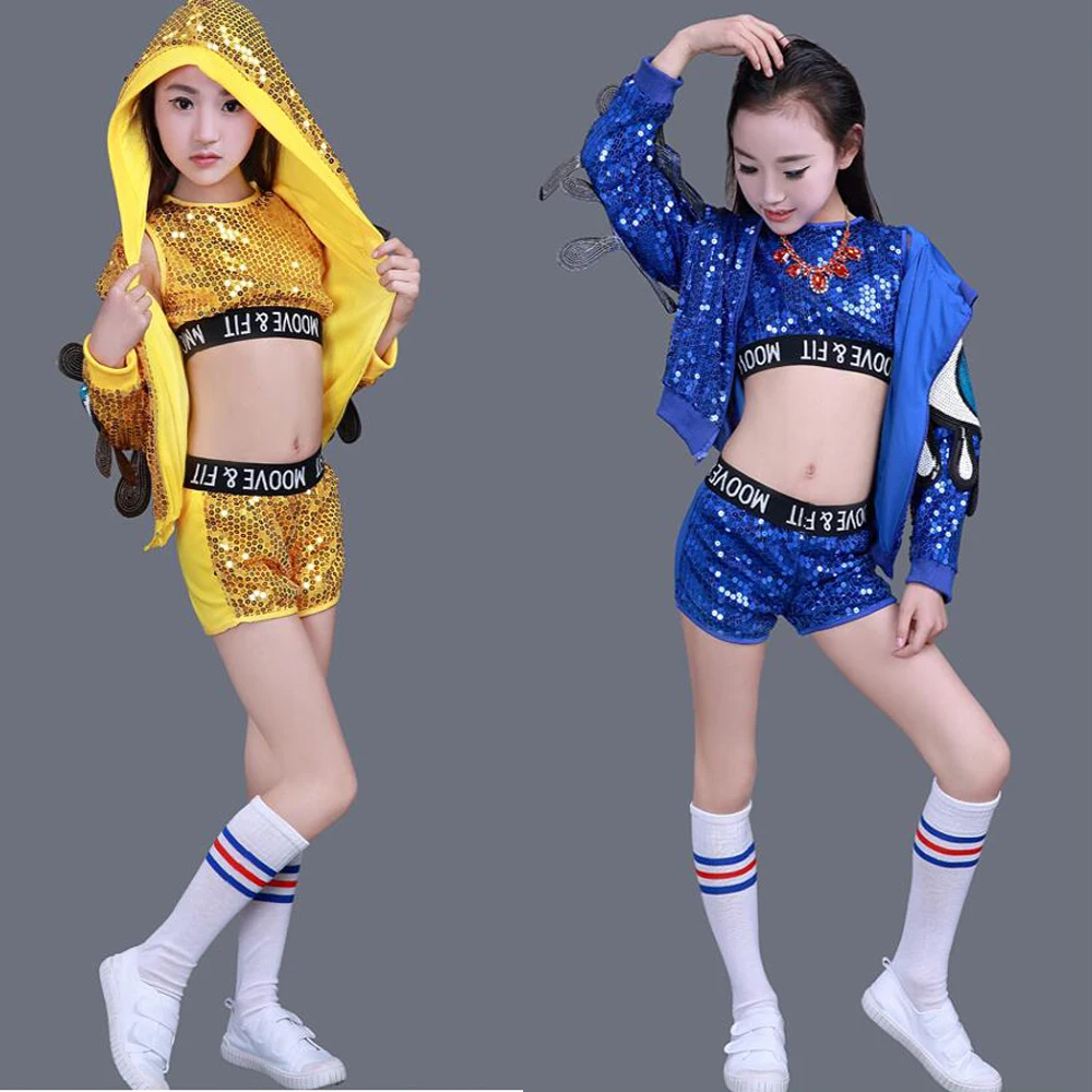 3 pieces Children Jazz Dance Costumes Girls Street Dance Sequined Party Show Clothes Modern Child hip hop Stage wear Outfits