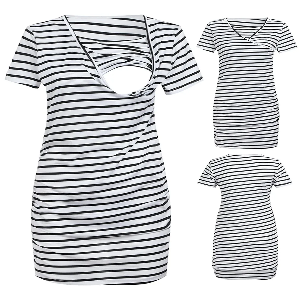 

Pregnancy Shirt Women Maternity Short Sleeve Stripe Mom Nursing Baby Tops T-shirt Clothes Lactation Maternity Blouses clothes